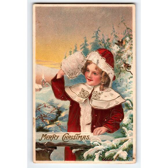 Amazing Embossed Merry Christmas Postcard Girl Muff Winter Coat 1910s Germany - Picture 1 of 2